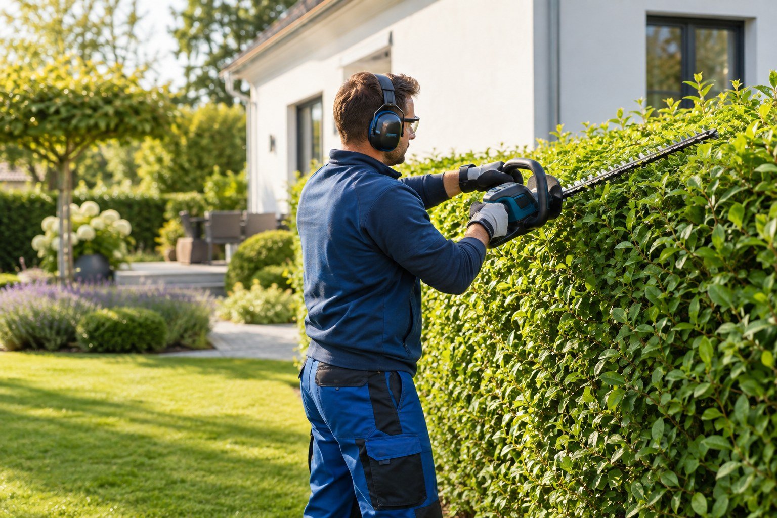 Illustratives Motiv der Pflege einer Hecke im Garten einer Wohnimmobilie