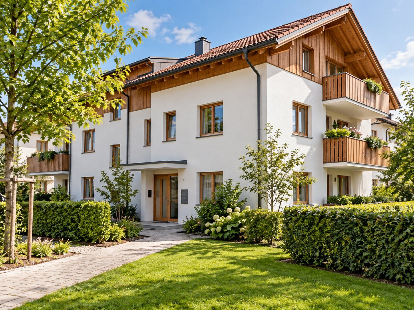 Illustrative Ansicht eines gepflegten Wohnhauses mit Garten und sauberem Eingangsbereich